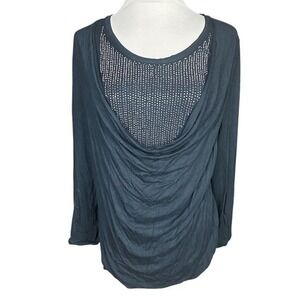 Soft Surroundings Petite Large Blue Long Sleeve Cowl Neck Beaded Embellished Top